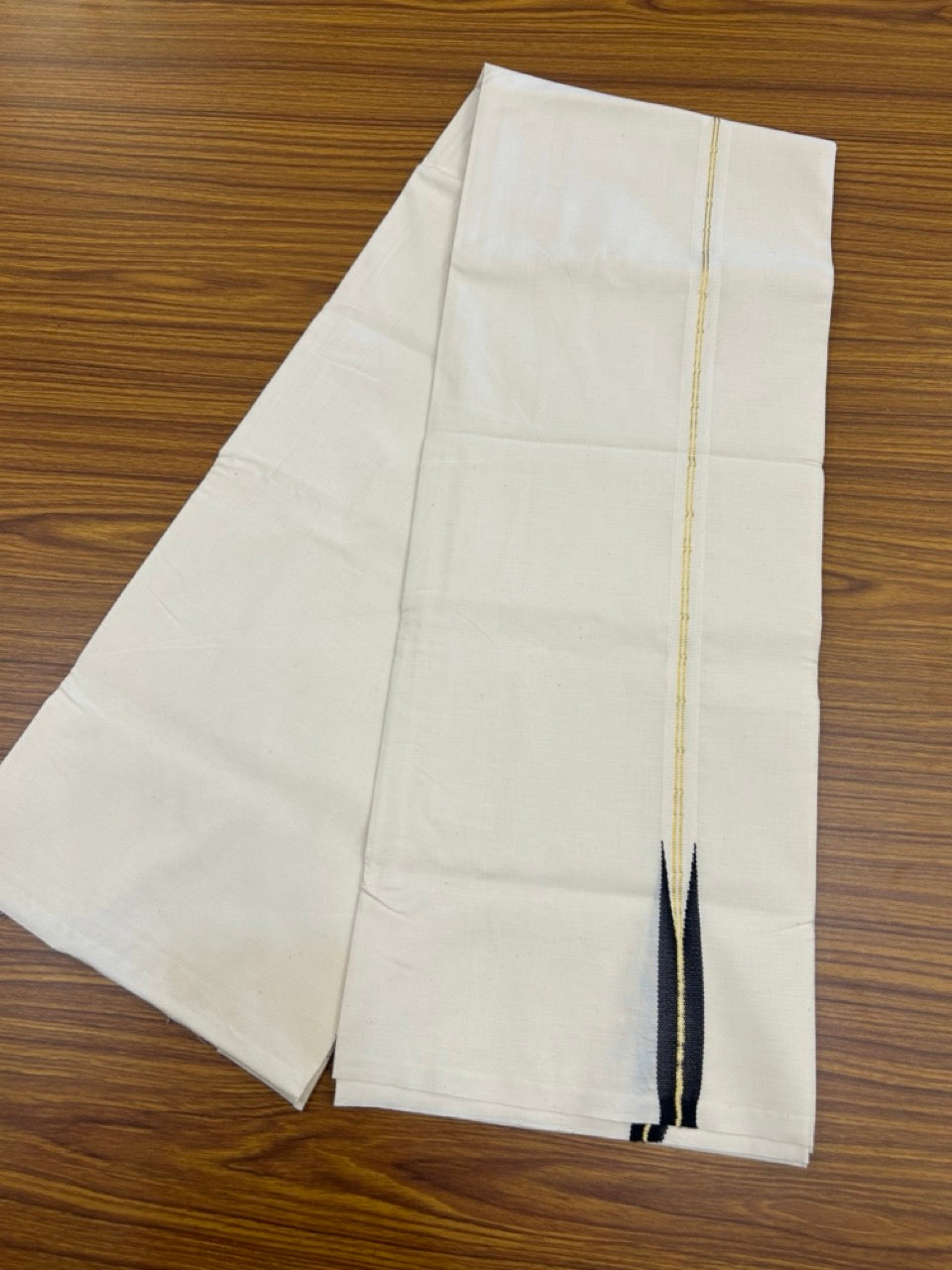20% Discount! KaithariKada Balaramapuram 100% Cotton Single Off white - (Unbleached) Mundu/Dhoti - 100X100 - 2 cm Puliyilakkara 2 line Gold Kasavu Black Chutty Kara (2 meter / 4 muzham) - 4 KK5268 ASH