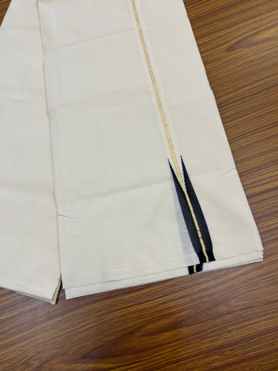 20% Discount! KaithariKada Balaramapuram 100% Cotton Single Off white - (Unbleached) Mundu/Dhoti - 100X100 - 2 cm Puliyilakkara 2 line Gold Kasavu Black Chutty Kara (2 meter / 4 muzham) - 4 KK5268 ASH
