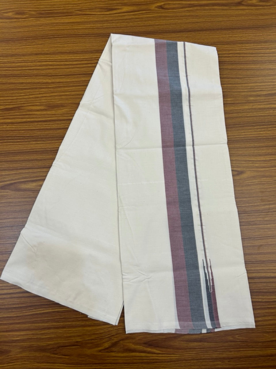 DMK Veshti - 20% DISCOUNT ! KaithariKada Balaramapuram 100% COTTON SINGLE OFF WHITE (Unbleached) Mundu/Dhoti-100X100 - 2 inch Puliyilakkara Maroon & Black Shaded Chutty Kara (2 meter / 4 muzham) -  1 KK5268 ASH