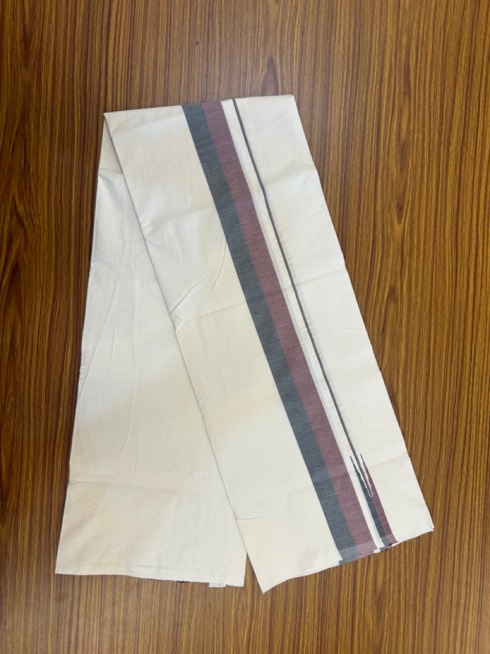 DMK Veshti - 20% DISCOUNT ! KaithariKada Balaramapuram 100% COTTON SINGLE OFF WHITE (Unbleached) Mundu/Dhoti-100X100 - 2 inch Puliyilakkara Maroon & Black Shaded Chutty Kara (2 meter / 4 muzham) -  2 KK5268 ASH