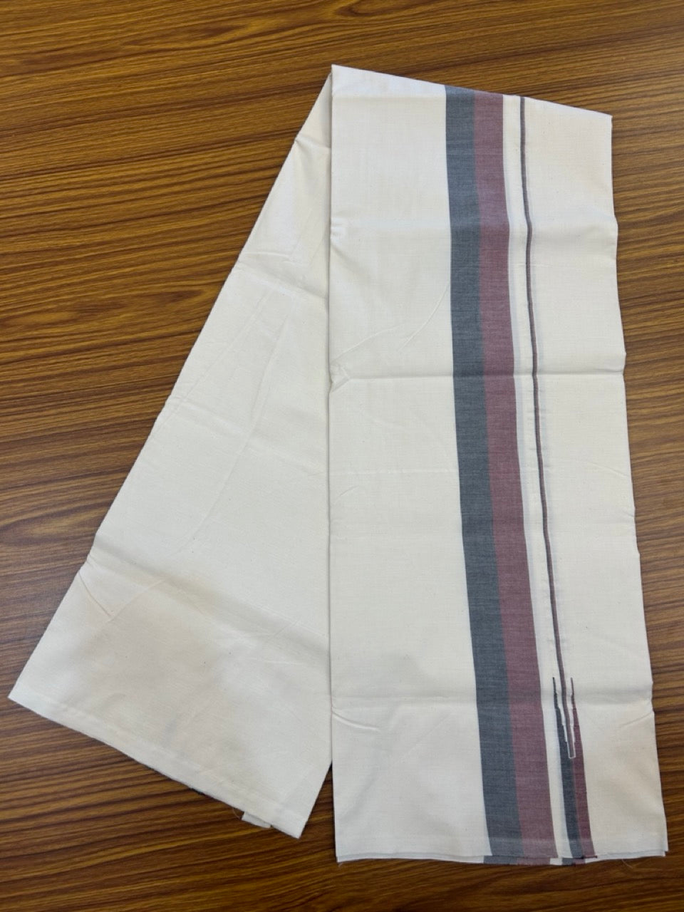 DMK Veshti - 20% DISCOUNT ! KaithariKada Balaramapuram 100% COTTON SINGLE OFF WHITE (Unbleached) Mundu/Dhoti-100X100 - 2 inch Puliyilakkara Maroon & Black Shaded Chutty Kara (2 meter / 4 muzham) -  2 KK5268 ASH