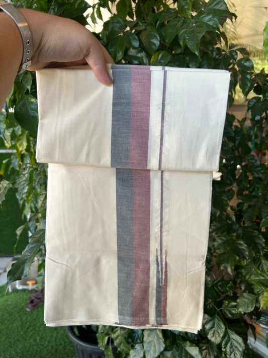 DMK Veshti - 20% DISCOUNT ! KaithariKada Balaramapuram 100% COTTON SINGLE OFF WHITE (Unbleached) Mundu/Dhoti-100X100 - 2 inch Puliyilakkara Maroon & Black Shaded Chutty Kara (2 meter / 4 muzham) -  2 KK5268 ASH