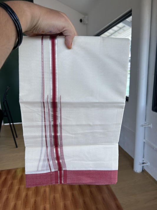 20% Discount ! KaithariKada Balaramapuram 100% Cotton Double Off White - (Unbleached) - Mundu / Dhoti- 100x80 - 1.25 Inch Silver Kasav & Red Puliyilakkara chutty - 70 KK5382 VIN