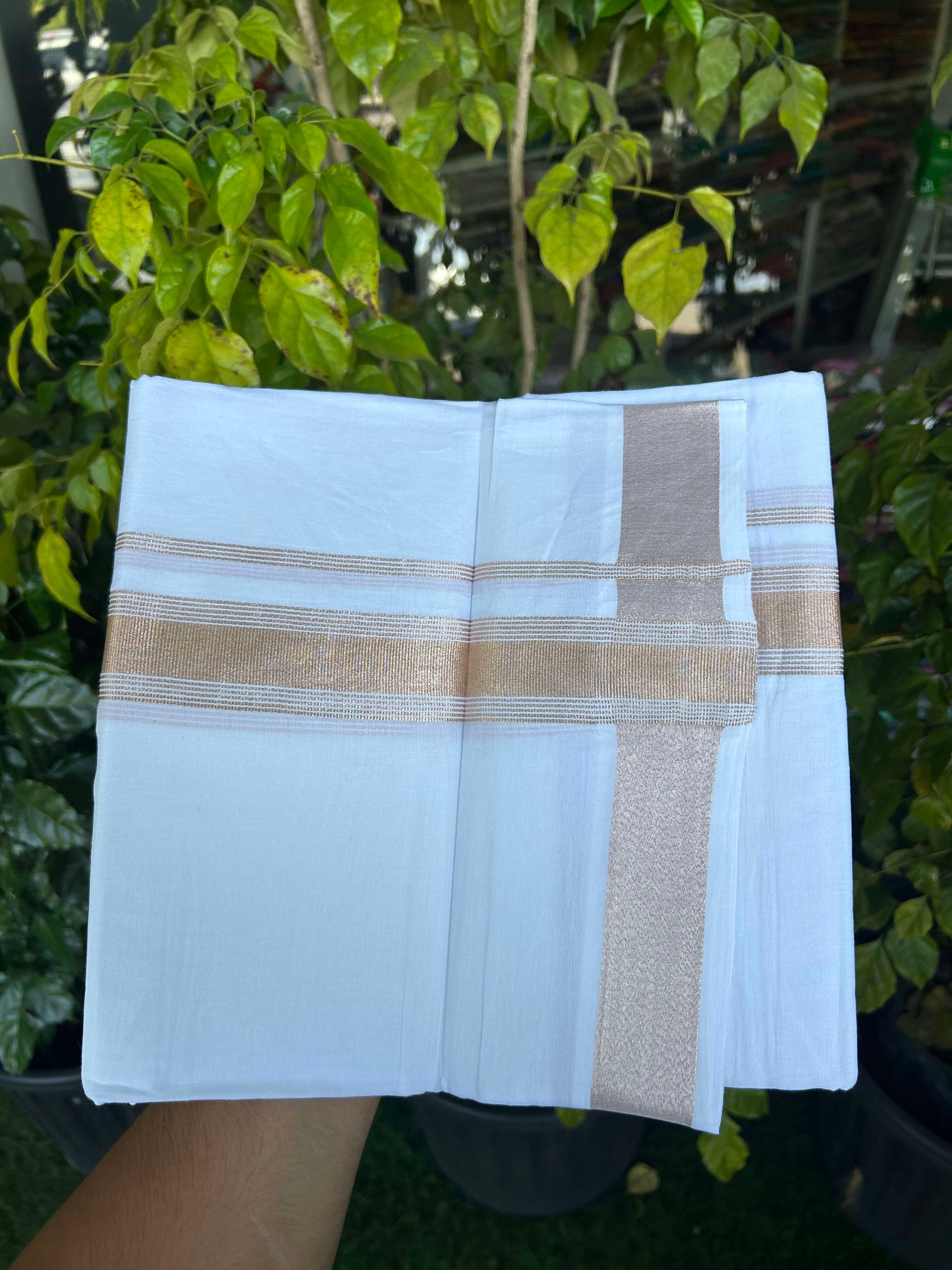 20% Discount ! Kaitharikada Balaramapuram 100% Cotton Pure White Double Mundu/Dothi - 100x80 - 1.5 inch Copper Silver Kasav Striped Kara 3.90 m (8 muzham) - 16 KK5301CKS