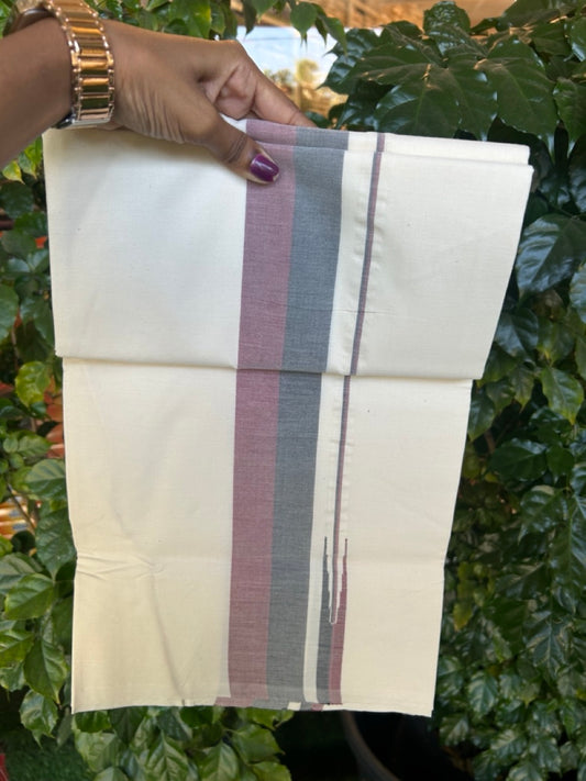 DMK Veshti - 20% DISCOUNT ! KaithariKada Balaramapuram 100% COTTON SINGLE OFF WHITE (Unbleached) Mundu/Dhoti-100X100 - 2 inch Puliyilakkara Maroon & Black Shaded Chutty Kara (2 meter / 4 muzham) -  1 KK5268 ASH