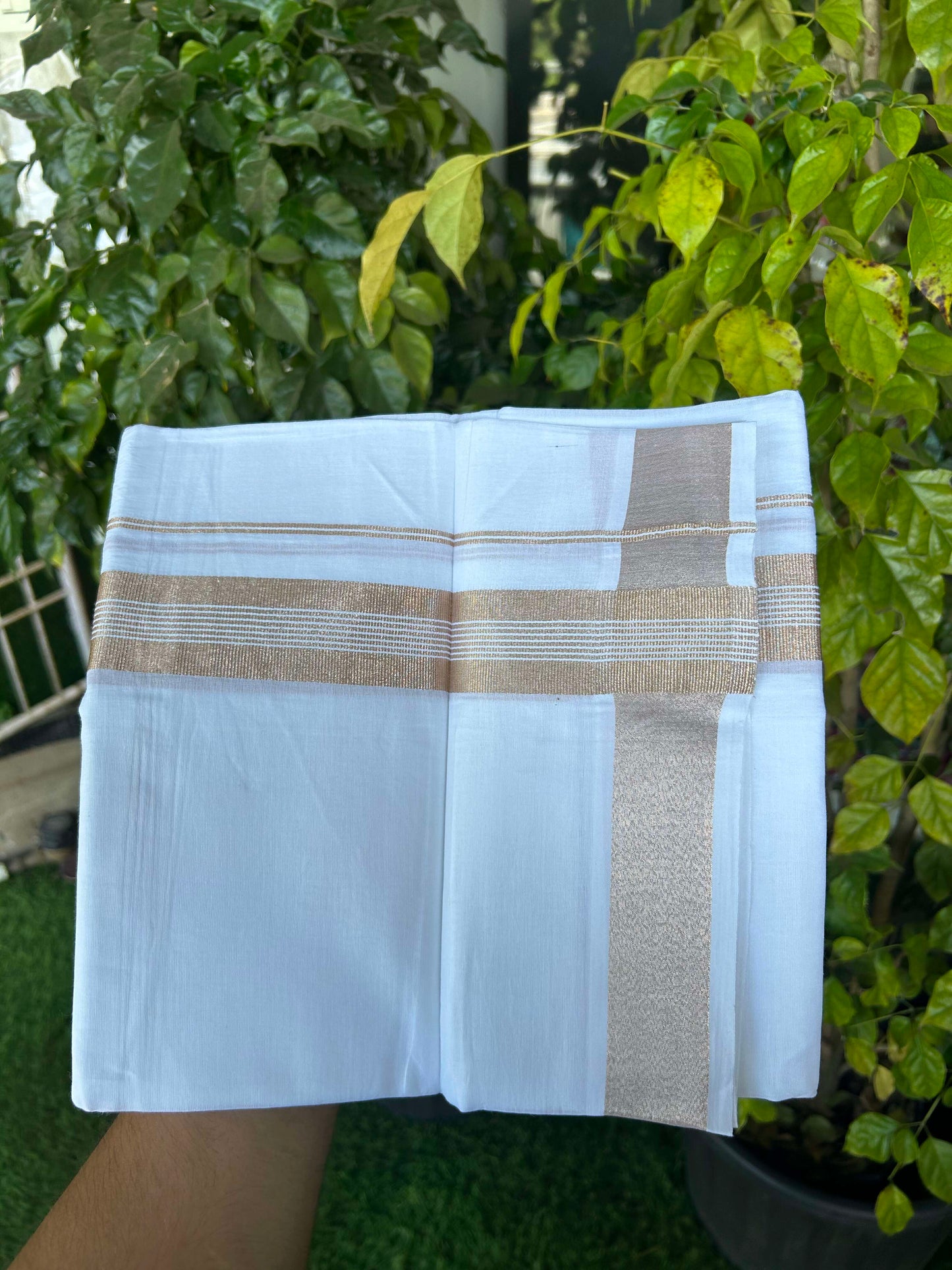 20% Discount ! Kaitharikada Balaramapuram 100% Cotton Pure White Double Mundu/Dothi - 100x80 - 1.5 inch Copper Silver Kasav Striped Kara 3.90 m (8 muzham) - 15 KK5301CKS