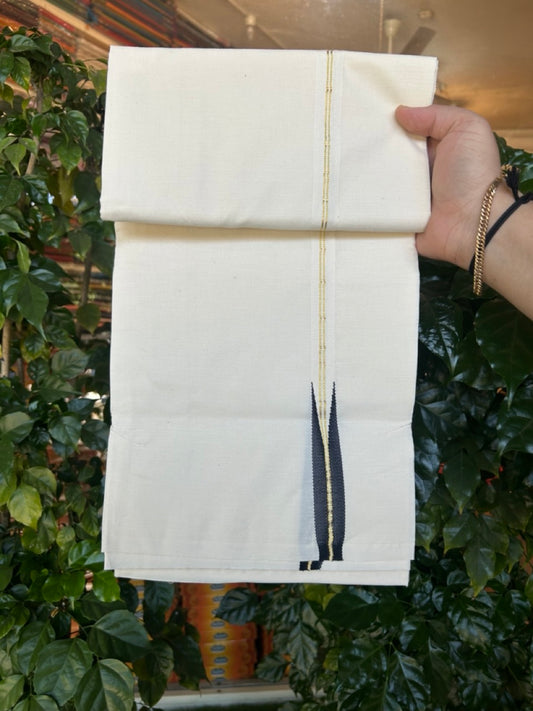 20% Discount! KaithariKada Balaramapuram 100% Cotton Single Off white - (Unbleached) Mundu/Dhoti - 100X100 - 2 cm Puliyilakkara 2 line Gold Kasavu Black Chutty Kara (2 meter / 4 muzham) - 4 KK5268 ASH