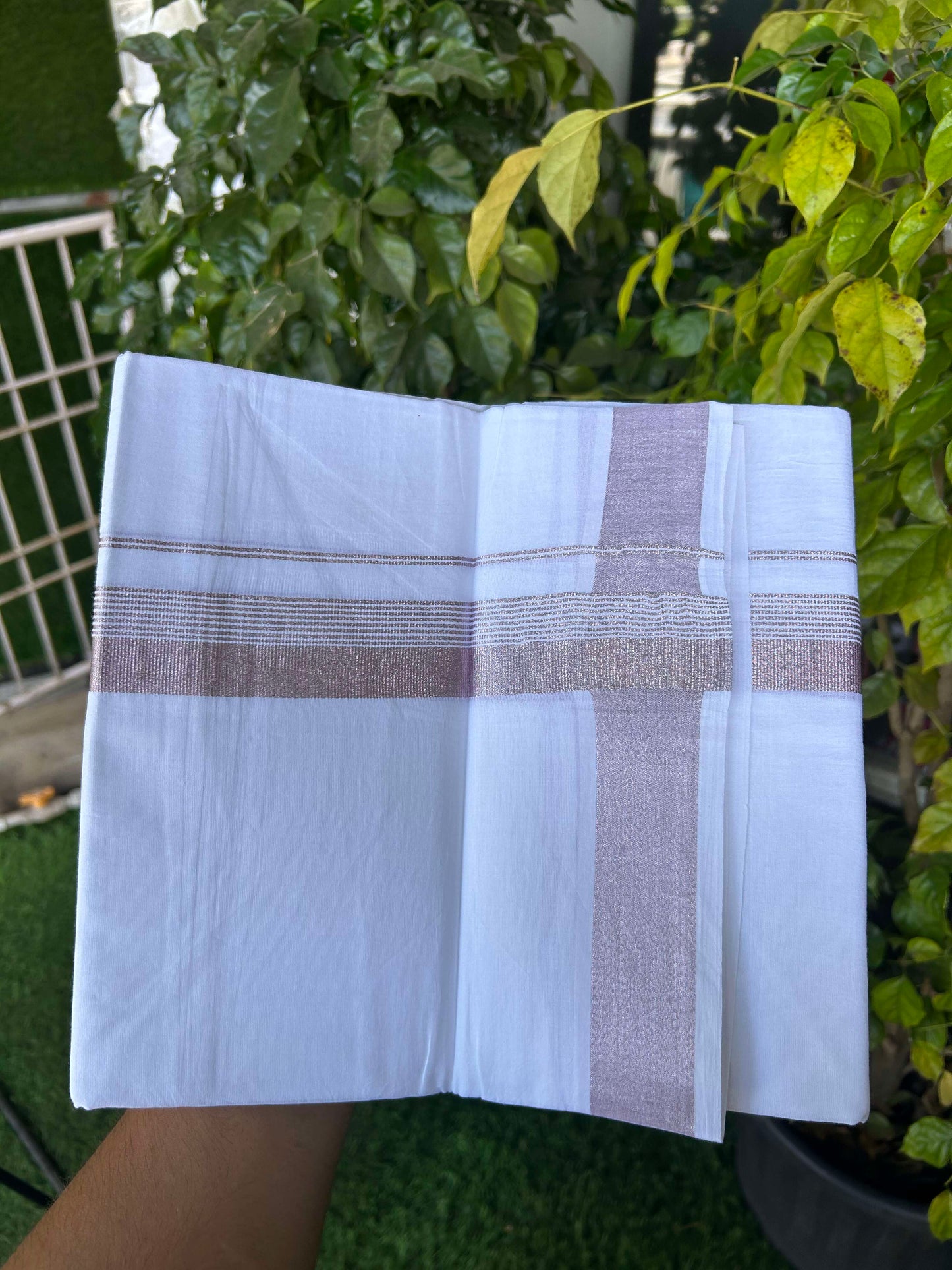 20% Discount ! Kaitharikada Balaramapuram 100% Cotton Pure White Double Mundu/Dothi - 100x80 - 1.25 inch Rose Pink Kasav Side Striped Kara 3.90 m (8 muzham) - 19 KK5301CKS