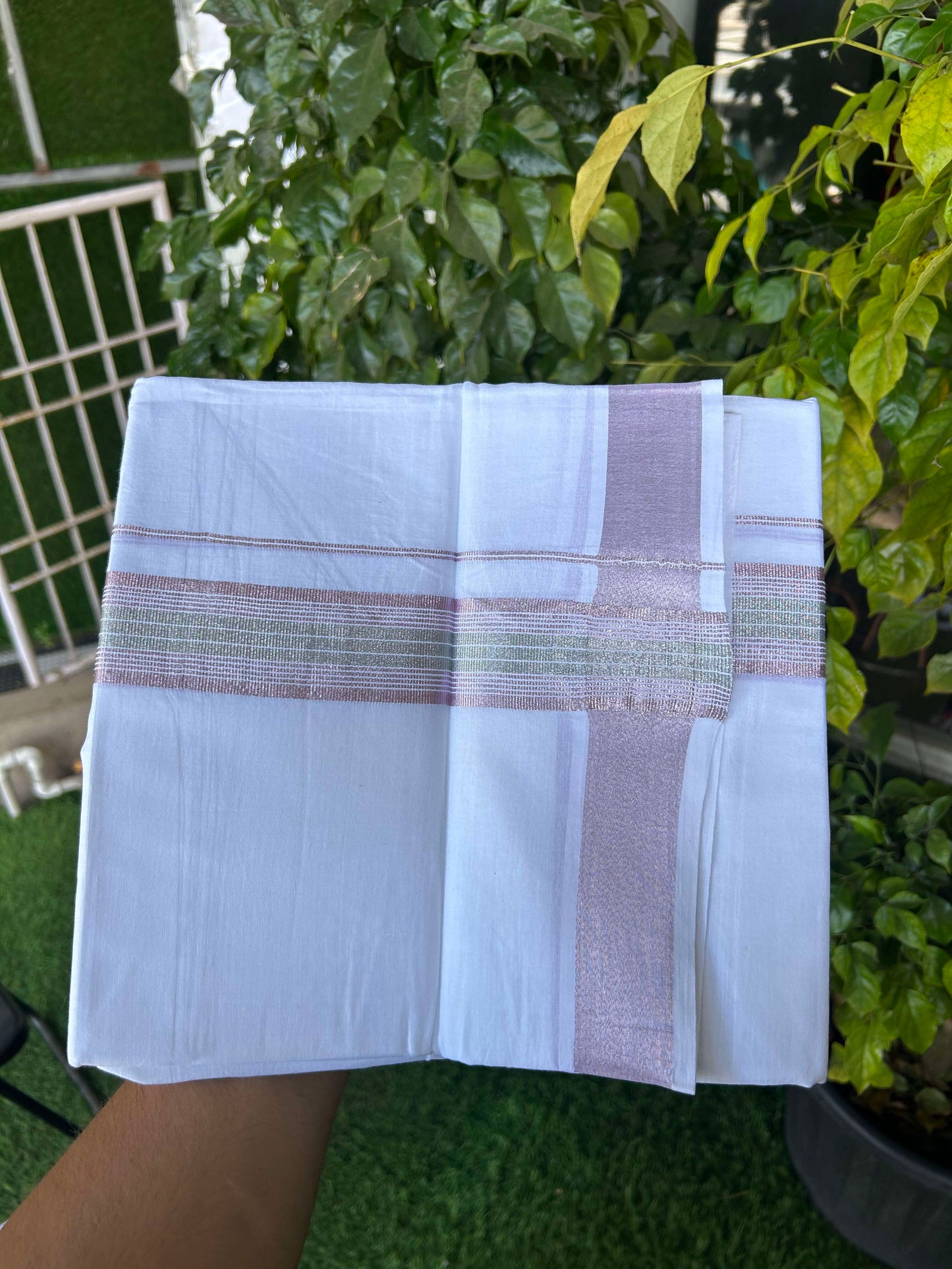 20% Discount ! Kaitharikada Balaramapuram 100% Cotton Pure White Double Mundu/Dothi - 100x80 - 1.5 inch Rose Pink Kasav Striped Kara 3.90 m (8 muzham) - 20 KK5301CKS