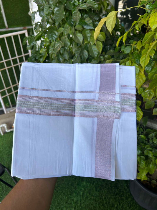 20% Discount ! Kaitharikada Balaramapuram 100% Cotton Pure White Double Mundu/Dothi - 100x80 - 1.5 inch Rose Pink Kasav Striped Kara 3.90 m (8 muzham) - 20 KK5301CKS