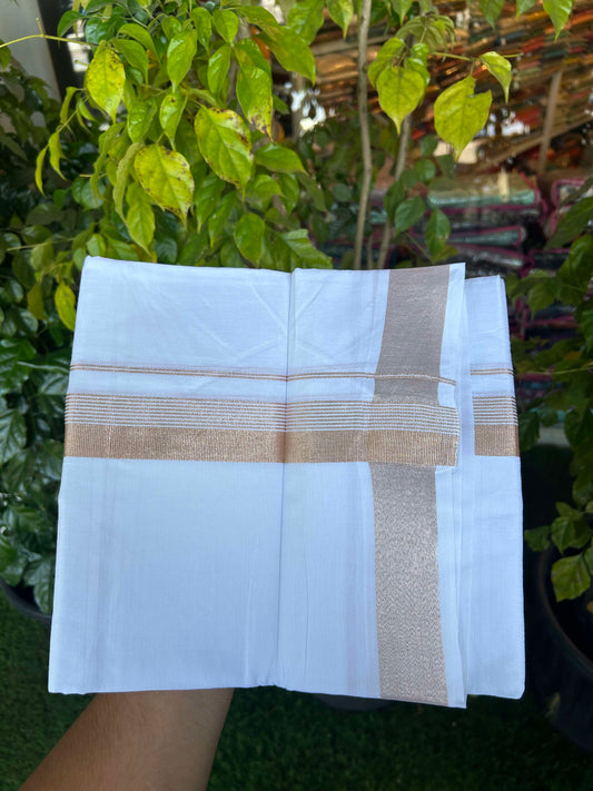 20% Discount ! Kaitharikada Balaramapuram 100% Cotton Pure White Double Mundu/Dothi - 100x80 - 1.5 inch Copper Silver Kasav Striped Kara 3.90 m (8 muzham) - 17 KK5301CKS