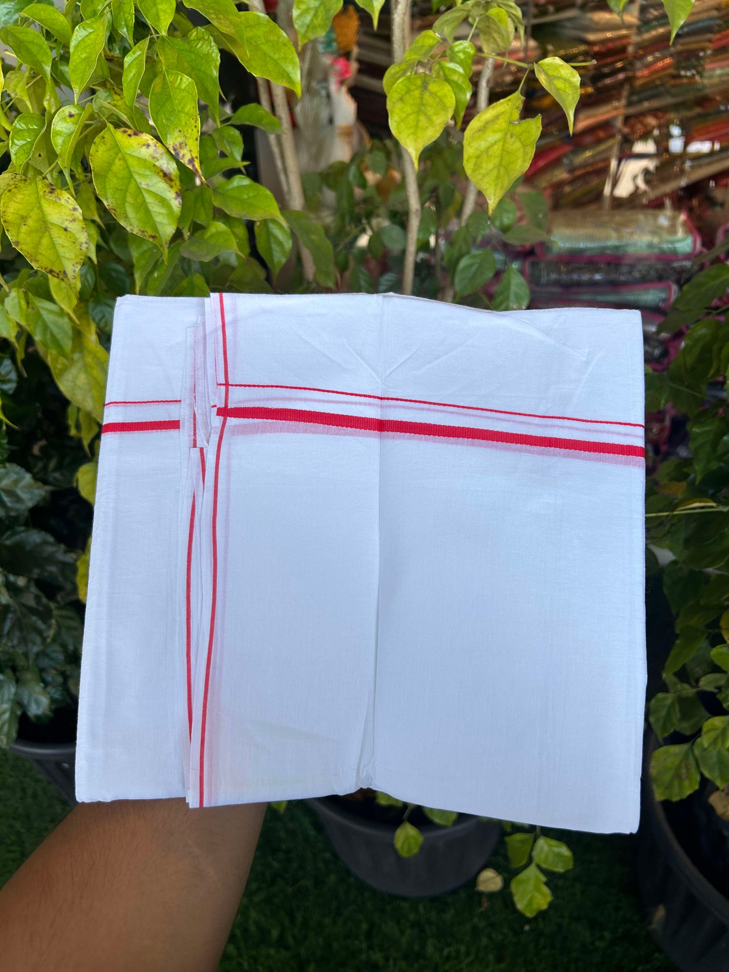 20% Discount ! Kaitharikada Balaramapuram 100% Cotton Pure White Double Mundu/Dothi - 100x80 - 0.4 cm Red thin Kara 3.90 m (8 muzham) - 14 KK5301CKS