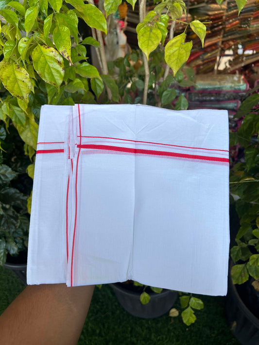 20% Discount ! Kaitharikada Balaramapuram 100% Cotton Pure White Double Mundu/Dothi - 100x80 - 0.4 cm Red thin Kara 3.90 m (8 muzham) - 14 KK5301CKS