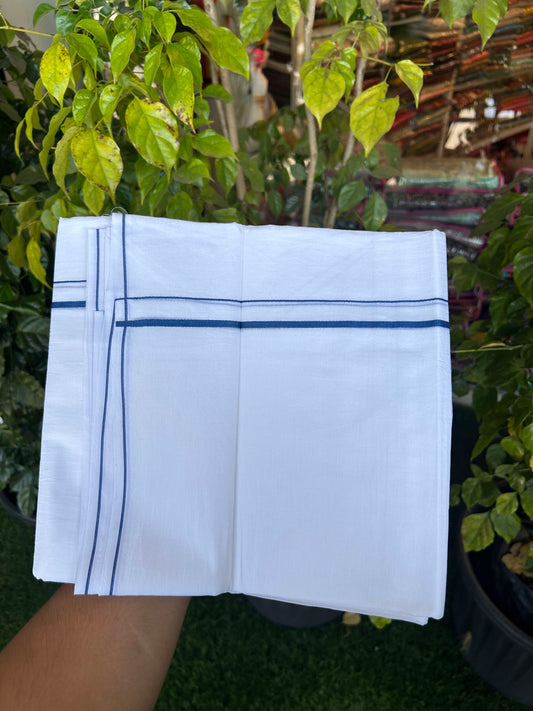 20% Discount ! Kaitharikada Balaramapuram 100% Cotton Pure White Double Mundu/Dothi - 100x80 - 0.4 cm Blue thin Kara 3.90 m (8 muzham) - 1 KK5301CKS