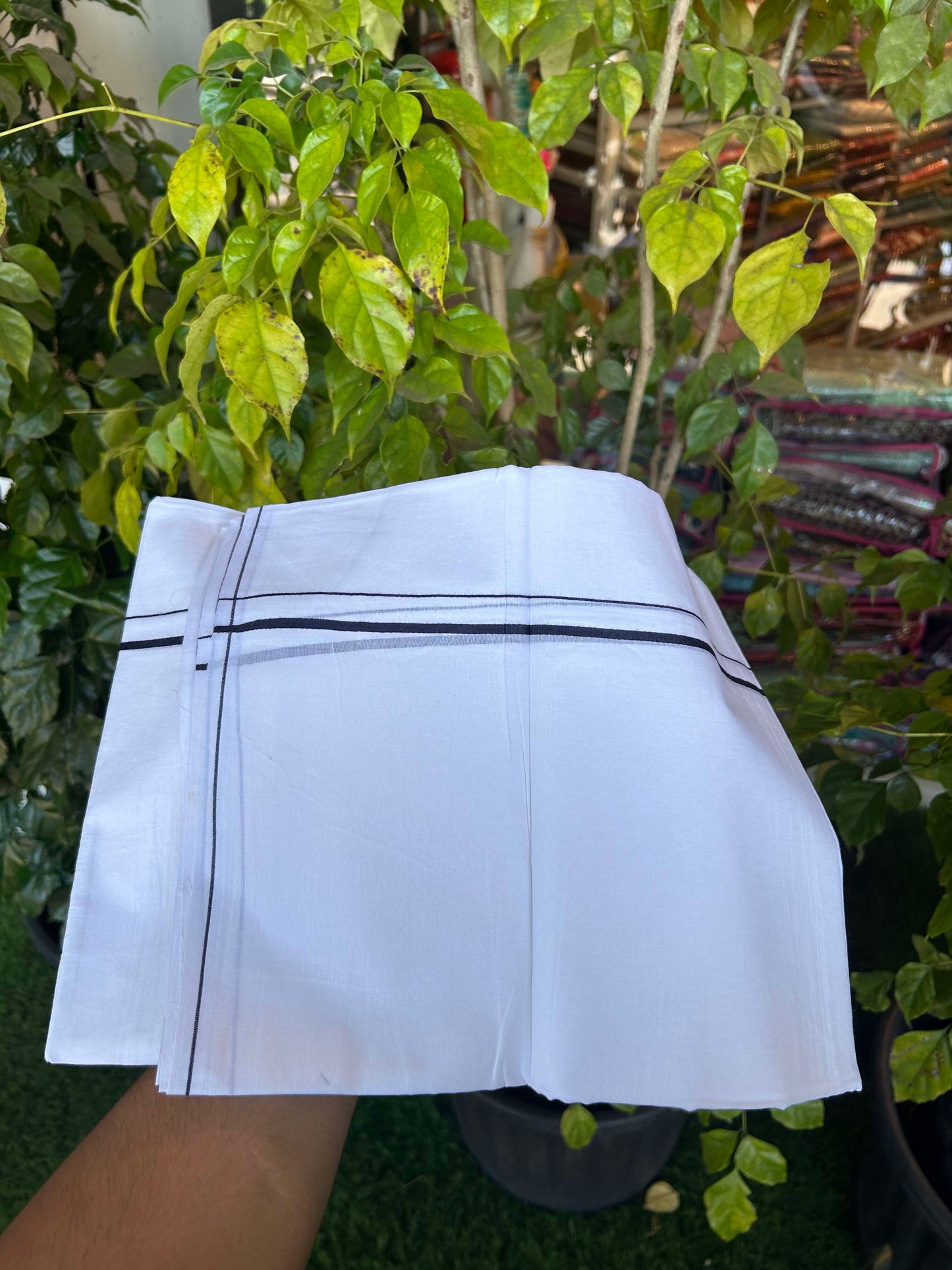 20% Discount ! Kaitharikada Balaramapuram 100% Cotton Pure White Double Mundu/Dothi - 100x80 - 0.4 cm Navy Blue thin Kara 3.90 m (8 muzham) - 4 KK5301CKS