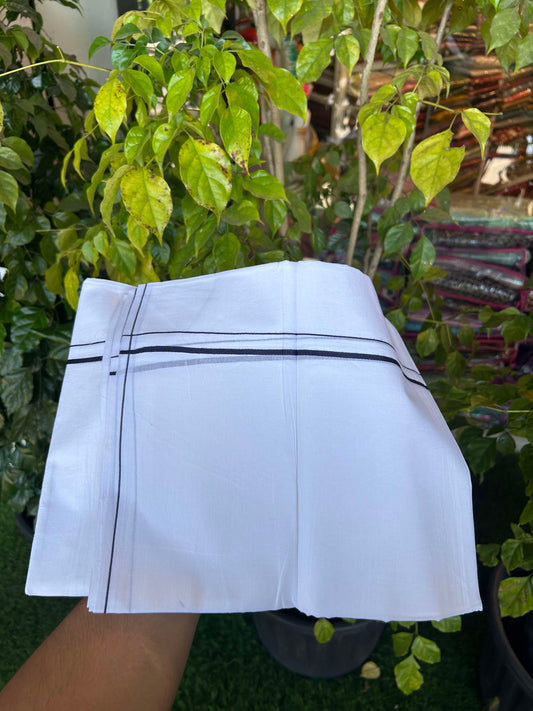 20% Discount ! Kaitharikada Balaramapuram 100% Cotton Pure White Double Mundu/Dothi - 100x80 - 0.4 cm Navy Blue thin Kara 3.90 m (8 muzham) - 4 KK5301CKS