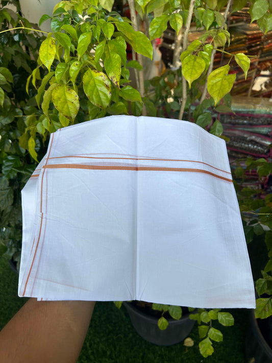 20% Discount ! Kaitharikada Balaramapuram 100% Cotton Pure White Double Mundu/Dothi - 100x80 - 0.4 cm Brownish Orange thin Kara 3.90 m (8 muzham) - 12 KK5301CKS