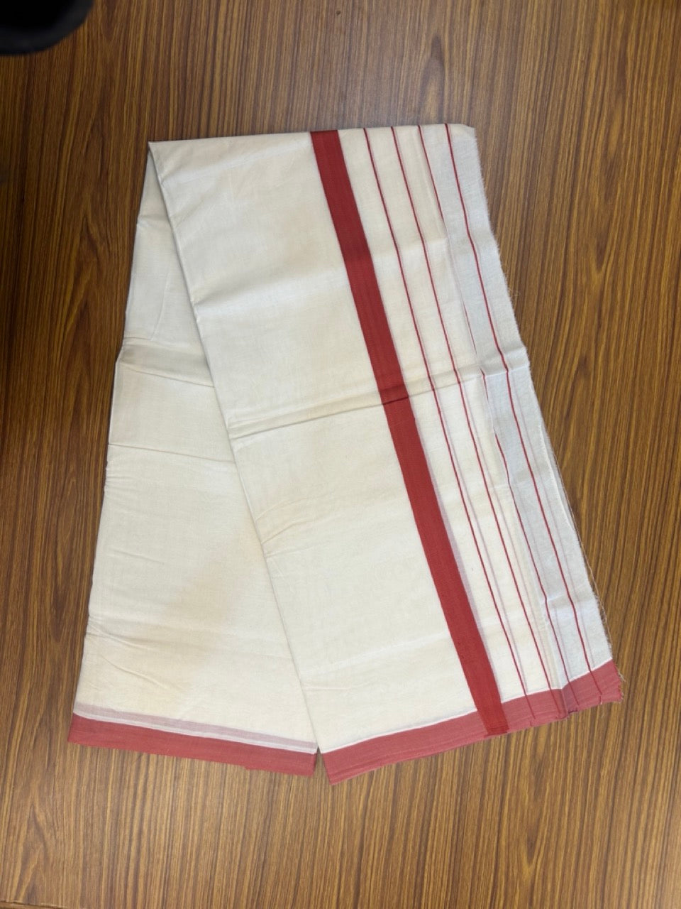 22% DISCOUNT! KaithariKada Balaramapuram 100% Cotton Double Off white - (Unbleached) Mundu/Dhoti-100x100 Maroon Red Side Stripes Kara - 4 mtr (8.5 Muzham) - 6 KK5268 ASH