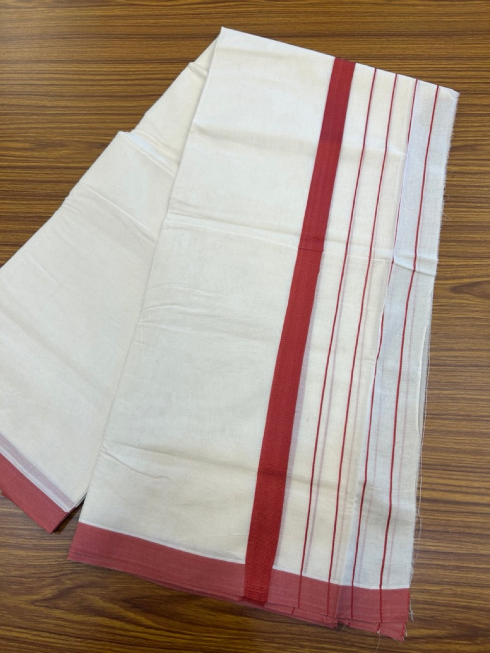 22% DISCOUNT! KaithariKada Balaramapuram 100% Cotton Double Off white - (Unbleached) Mundu/Dhoti-100x100 Maroon Red Side Stripes Kara - 4 mtr (8.5 Muzham) - 6 KK5268 ASH