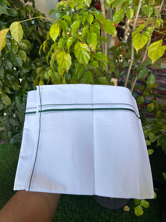 20% Discount ! Kaitharikada Balaramapuram 100% Cotton Pure White Double Mundu/Dothi - 100x80 - 0.4 cm Green thin Kara 3.90 m (8 muzham) - 9 KK5301CKS