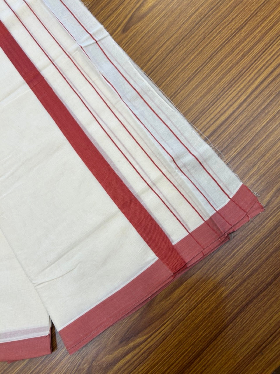 22% DISCOUNT! KaithariKada Balaramapuram 100% Cotton Double Off white - (Unbleached) Mundu/Dhoti-100x100 Maroon Red Side Stripes Kara - 4 mtr (8.5 Muzham) - 6 KK5268 ASH