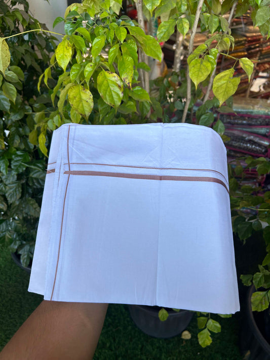 20% Discount ! Kaitharikada Balaramapuram 100% Cotton Pure White Double Mundu/Dothi - 100x80 - 0.4 cm Pinkish Brown thin Kara 3.90 m (8 muzham) - 11 KK5301CKS