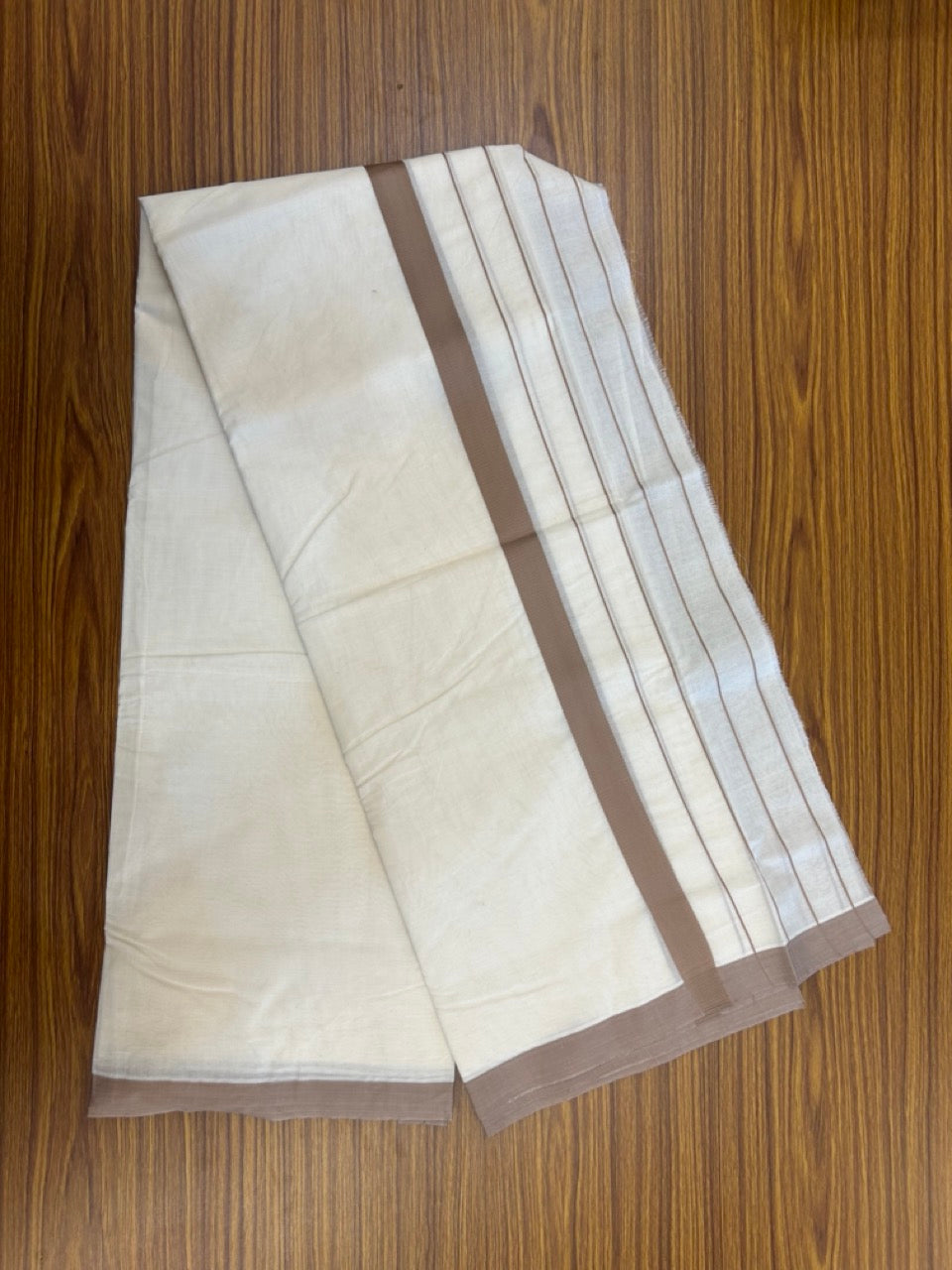 22% DISCOUNT! KaithariKada Balaramapuram 100% Cotton Double Off white - (Unbleached) Mundu/Dhoti-100x100 Light Brown Side Stripes Kara - 4 mtr (8.5 Muzham) - 7 KK5268 ASH