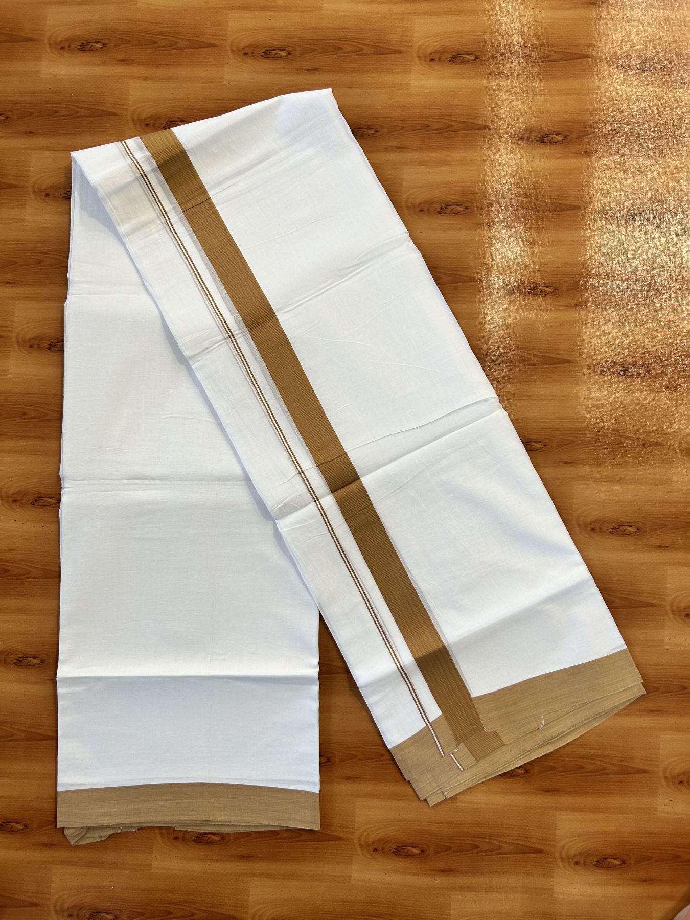 Pure White Double Mundu/Dhoti - 20% Discount ! Kaitharikada Pure Cotton - (60s) - 1.25 inch Brown Kara 3.80 mtr (8 muzham) - 33 KK5456 THI