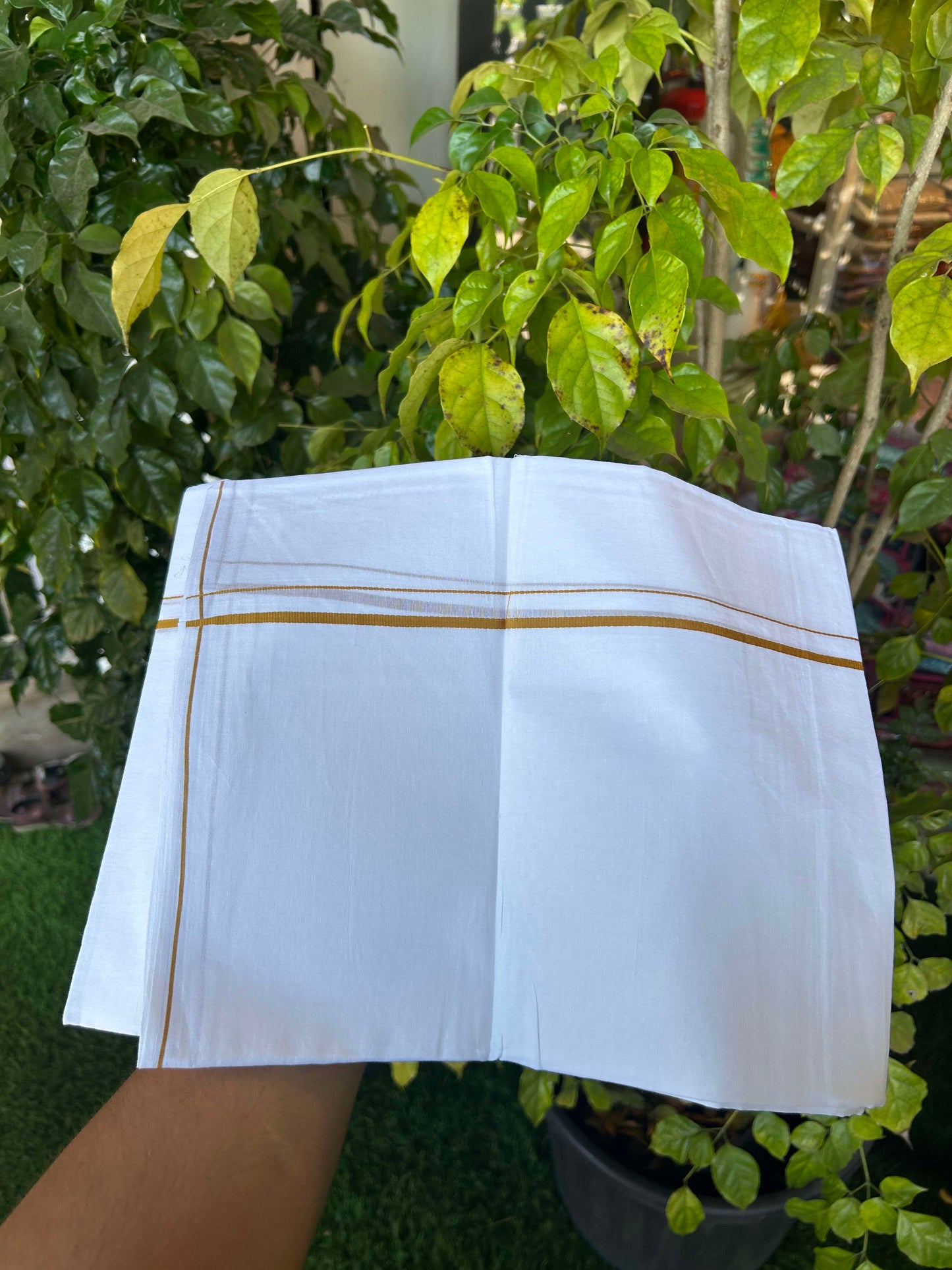 20% Discount ! Kaitharikada Balaramapuram 100% Cotton Pure White Double Mundu/Dothi - 100x80 - 0.4 cm Mustard Yellow thin Kara 3.90 m (8 muzham) - 10 KK5301CKS