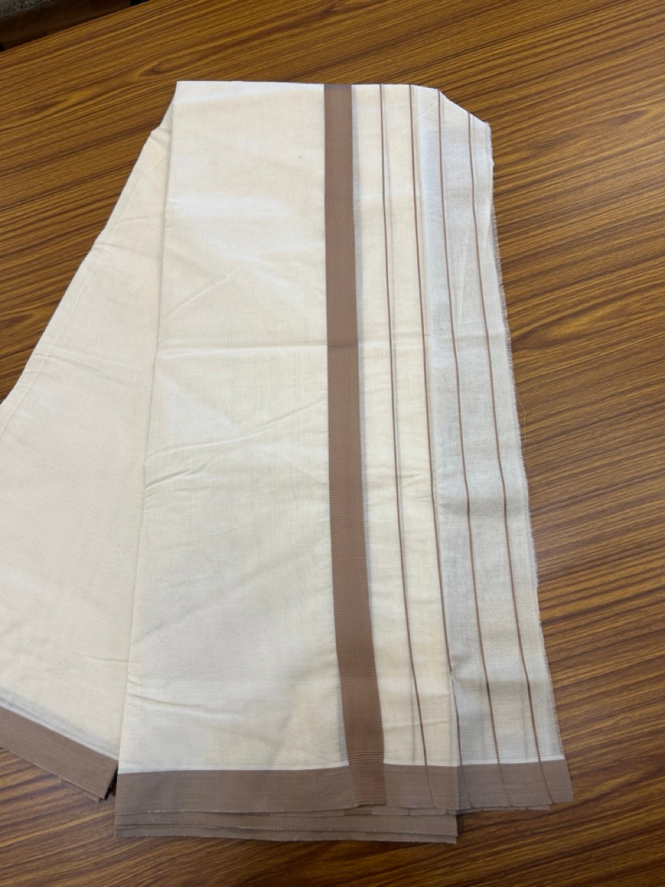 22% DISCOUNT! KaithariKada Balaramapuram 100% Cotton Double Off white - (Unbleached) Mundu/Dhoti-100x100 Light Brown Side Stripes Kara - 4 mtr (8.5 Muzham) - 7 KK5268 ASH