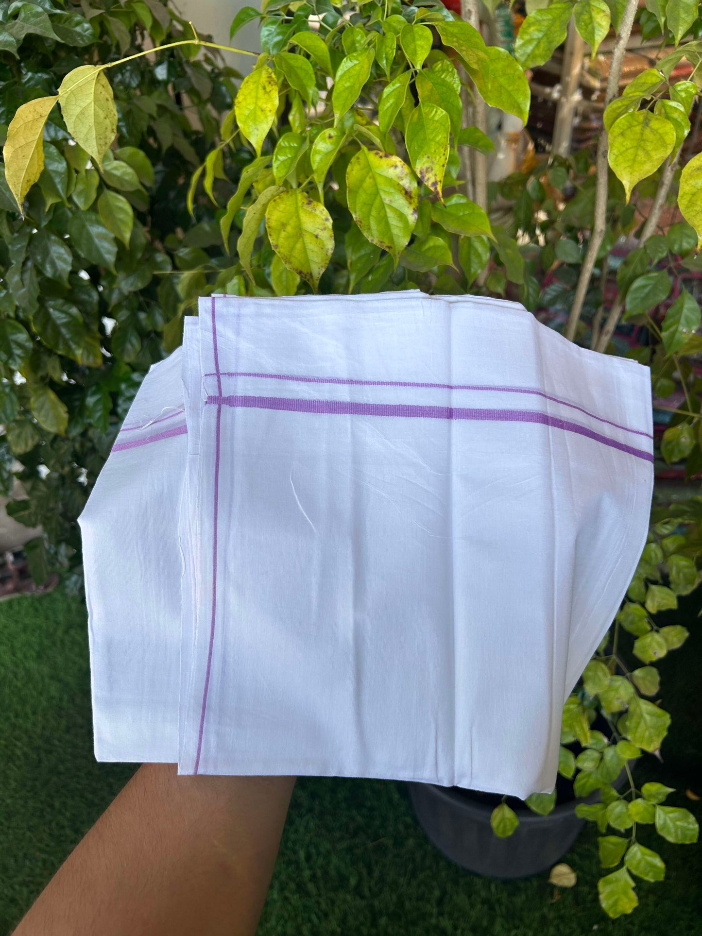 20% Discount ! Kaitharikada Balaramapuram 100% Cotton Pure White Double Mundu/Dothi - 100x80 - 0.4 cm Pink thin Kara 3.90 m (8 muzham) - 5 KK5301CKS