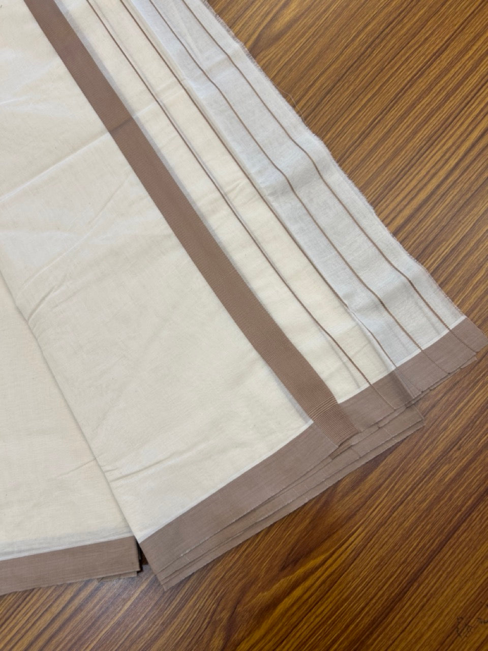 22% DISCOUNT! KaithariKada Balaramapuram 100% Cotton Double Off white - (Unbleached) Mundu/Dhoti-100x100 Light Brown Side Stripes Kara - 4 mtr (8.5 Muzham) - 7 KK5268 ASH