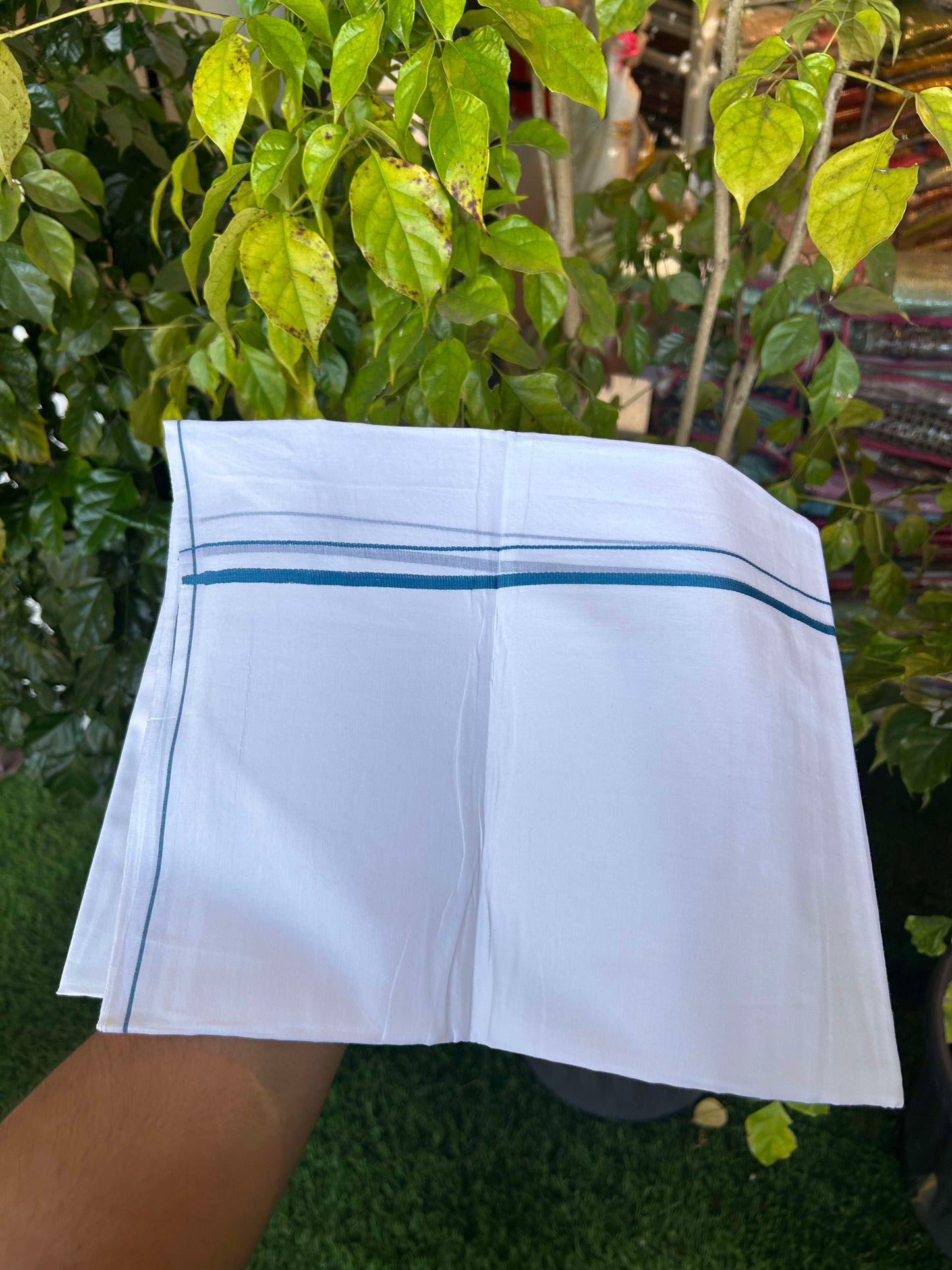 20% Discount ! Kaitharikada Balaramapuram 100% Cotton Pure White Double Mundu/Dothi - 100x80 - 0.4 cm Peacock Blue thin Kara 3.90 m (8 muzham) - 8 KK5301CKS