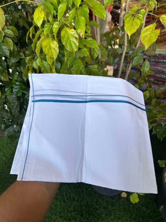 20% Discount ! Kaitharikada Balaramapuram 100% Cotton Pure White Double Mundu/Dothi - 100x80 - 0.4 cm Peacock Blue thin Kara 3.90 m (8 muzham) - 8 KK5301CKS
