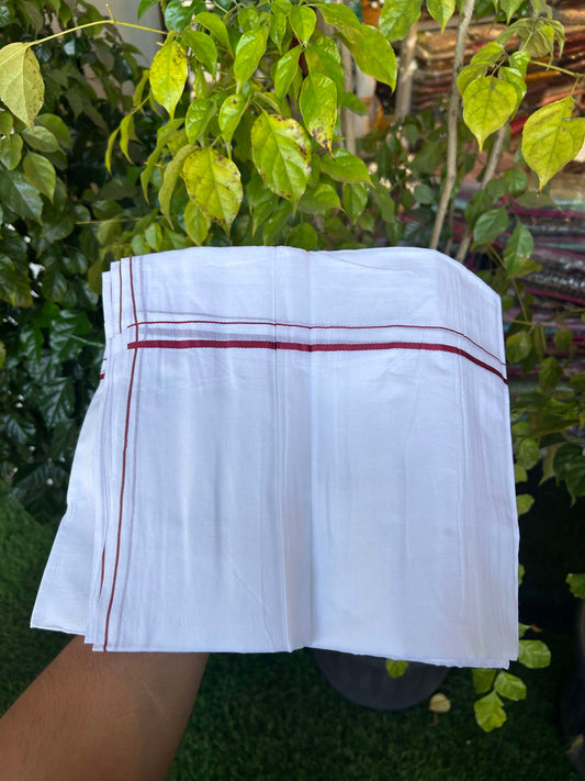 20% Discount ! Kaitharikada Balaramapuram 100% Cotton Pure White Double Mundu/Dothi - 100x80 - 0.4 cm Maroon thin Kara 3.90 m (8 muzham) - 7 KK5301CKS