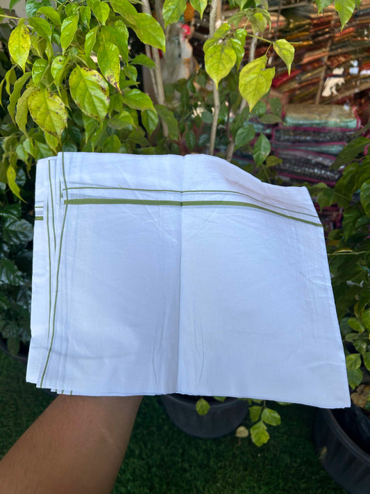 20% Discount ! Kaitharikada Balaramapuram 100% Cotton Pure White Double Mundu/Dothi - 100x80 - 0.4 cm Light Green thin Kara 3.90 m (8 muzham) - 6 KK5301CKS
