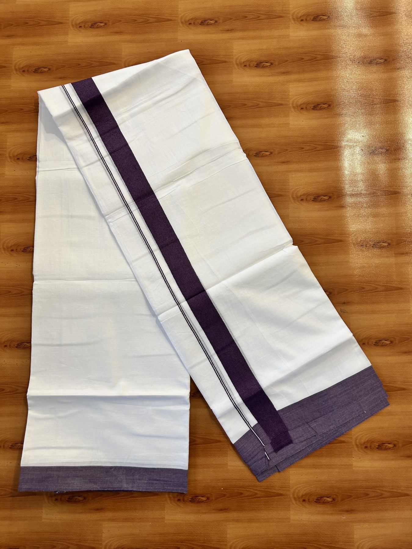 Pure White Double Mundu/Dhoti - 20% Discount ! Kaitharikada Pure Cotton - (60s) - 1.25 inch Deep Violet Kara 3.80 mtr (8 muzham) - 46 KK5456 THI