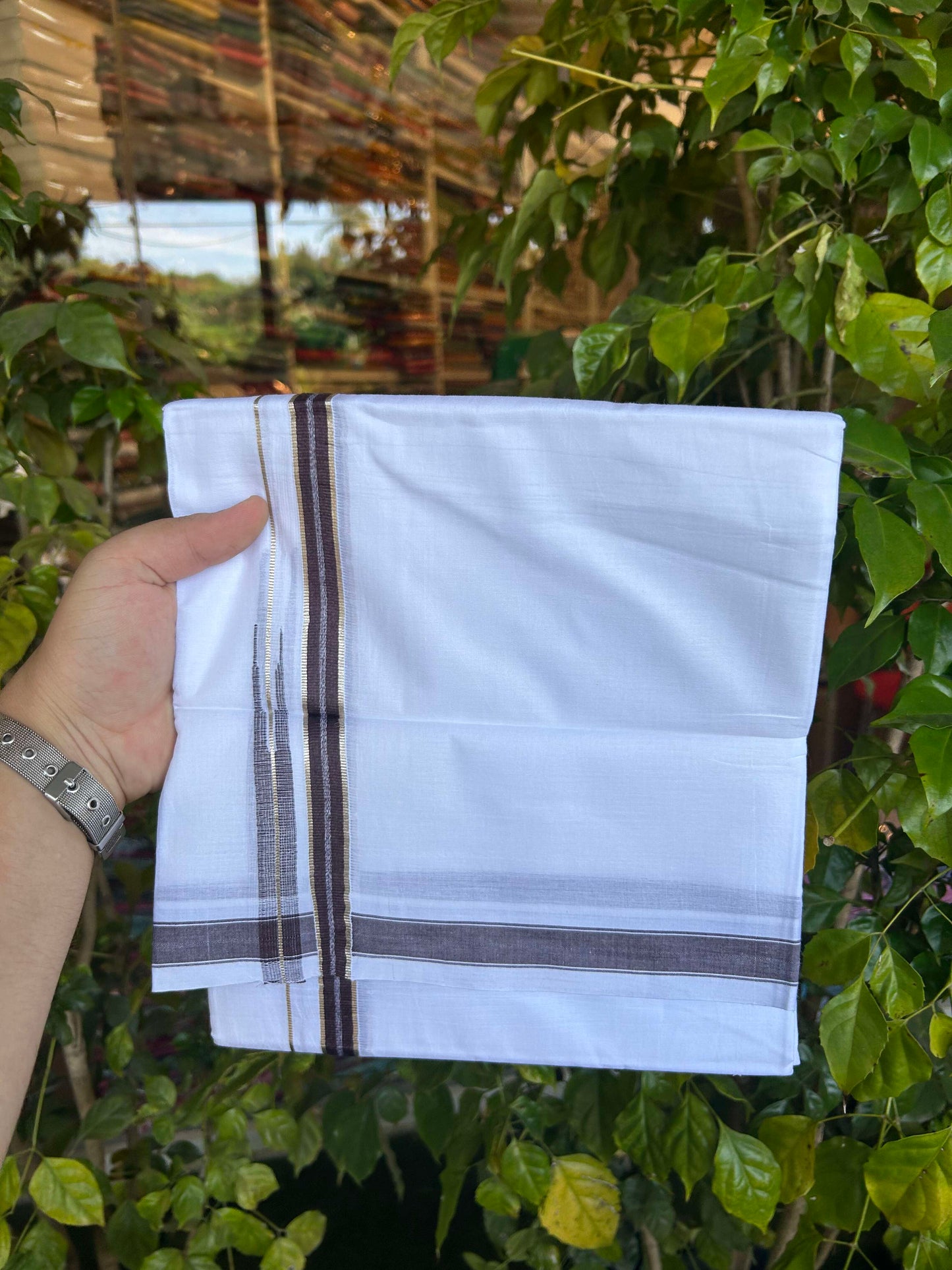 20% Discount!! Kaitharikada Balaramapuram 100% Pure Cotton Pure White Double Mundu/Dothi - 100x80 - 1.5 cm Brown & Silver Kasav Puliyilakkara One Side Chutty Kara 3.90 m (8 muzham) - 27 KK5310 CKS