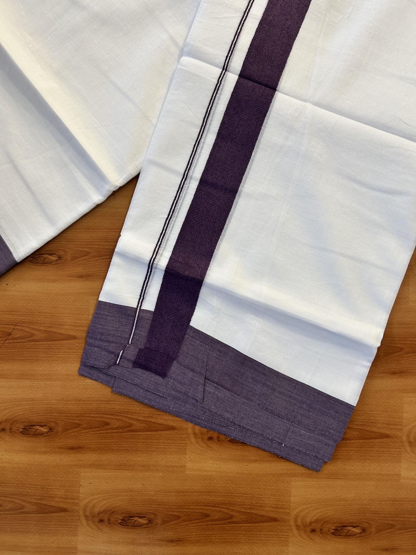Pure White Double Mundu/Dhoti - 20% Discount ! Kaitharikada Pure Cotton - (60s) - 1.25 inch Deep Violet Kara 3.80 mtr (8 muzham) - 46 KK5456 THI