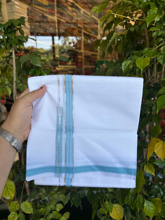 20% Discount!! Kaitharikada Balaramapuram 100% Pure Cotton Pure White Double Mundu/Dothi - 100x80 - 1.5 cm Blue & Silver Kasav Puliyilakkara One Side Chutty Kara 3.90 m (8 muzham) - 22 KK5310 CKS