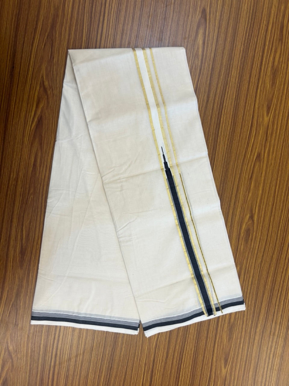 20% DISCOUNT! KaithariKada Balaramapuram 100% Cotton Double Off white Mundu/Dhoti-100x100  1.25  inch  Kasav Black Temple Heavy chutty kara 4 mtr - 10 KK5268 ASH