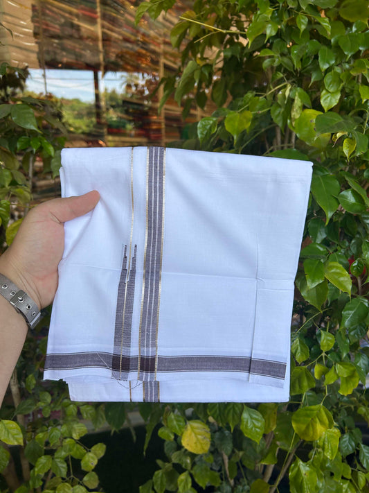 20% Discount!! Kaitharikada Balaramapuram 100% Pure Cotton Pure White Double Mundu/Dothi - 100x80 - 1.5 cm Brown & Silver Kasav Puliyilakkara One Side Chutty Kara 3.90 m (8 muzham) - 29 KK5310 CKS