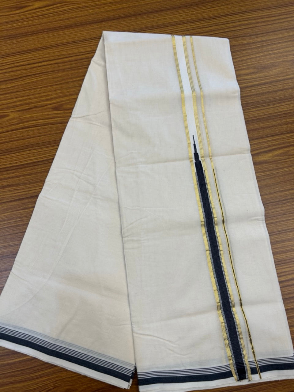 20% DISCOUNT! KaithariKada Balaramapuram 100% Cotton Double Off white Mundu/Dhoti-100x100  1.25  inch  Kasav Black Temple Heavy chutty kara 4 mtr - 10 KK5268 ASH
