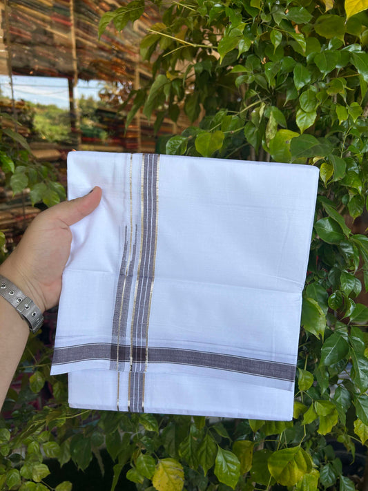 20% Discount!! Kaitharikada Balaramapuram 100% Pure Cotton Pure White Double Mundu/Dothi - 100x80 - 1.5 cm Brown & Silver Kasav Puliyilakkara One Side Chutty Kara 3.90 m (8 muzham) - 21 KK5310 CKS