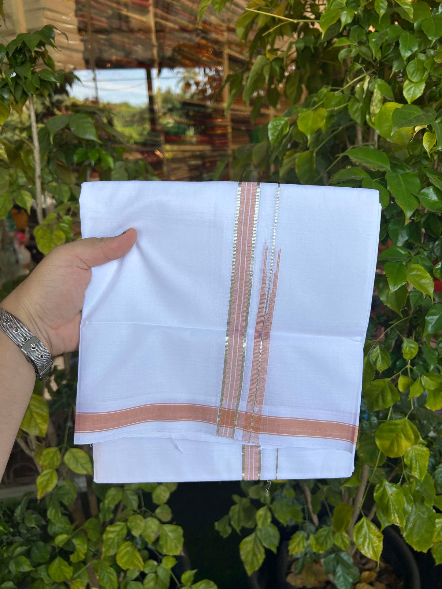 20% Discount!! Kaitharikada Balaramapuram 100% Pure Cotton Pure White Double Mundu/Dothi - 100x80 - 1.5 cm Light Orange & Silver Kasav Puliyilakkara One Side Chutty Kara 3.90 m (8 muzham) - 26 KK5310 CKS