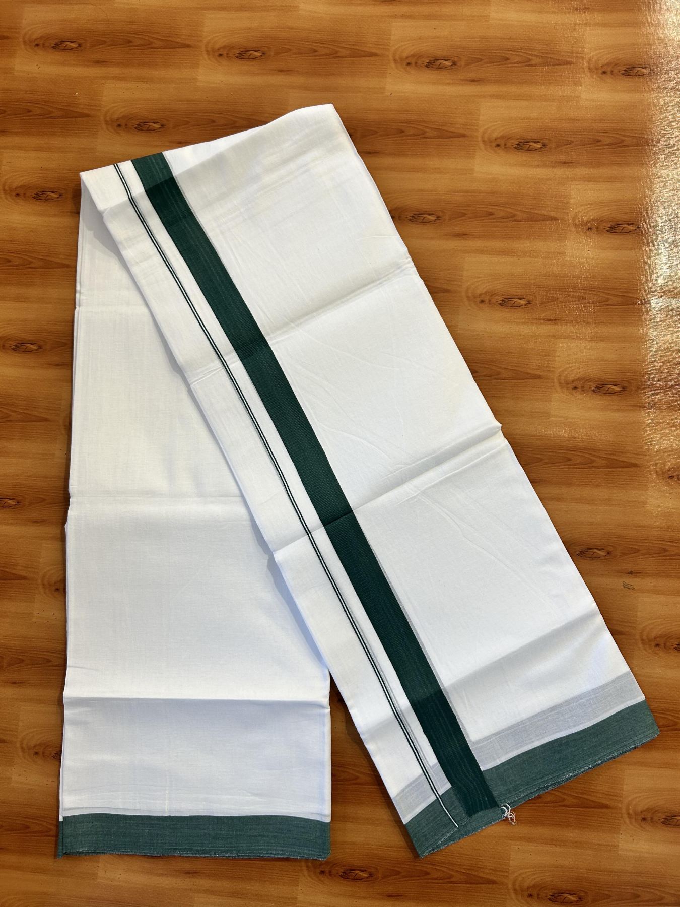 Pure White Double Mundu/Dhoti - 20% Discount ! Kaitharikada Pure Cotton - (60s) - 1.25 inch Dark Green Kara 3.80 mtr (8 muzham) - 42 KK5456 THI