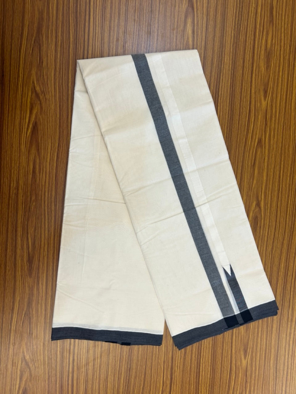 20% Discount! KaithariKada Balaramapuram 100% Cotton Double Off white (Unbleached) Mundu/Dhoti- 100x100 - 1 inch Puliyilakkara Black Shaded chutty Kara 4 Mtr - 11 KK5268 ASH