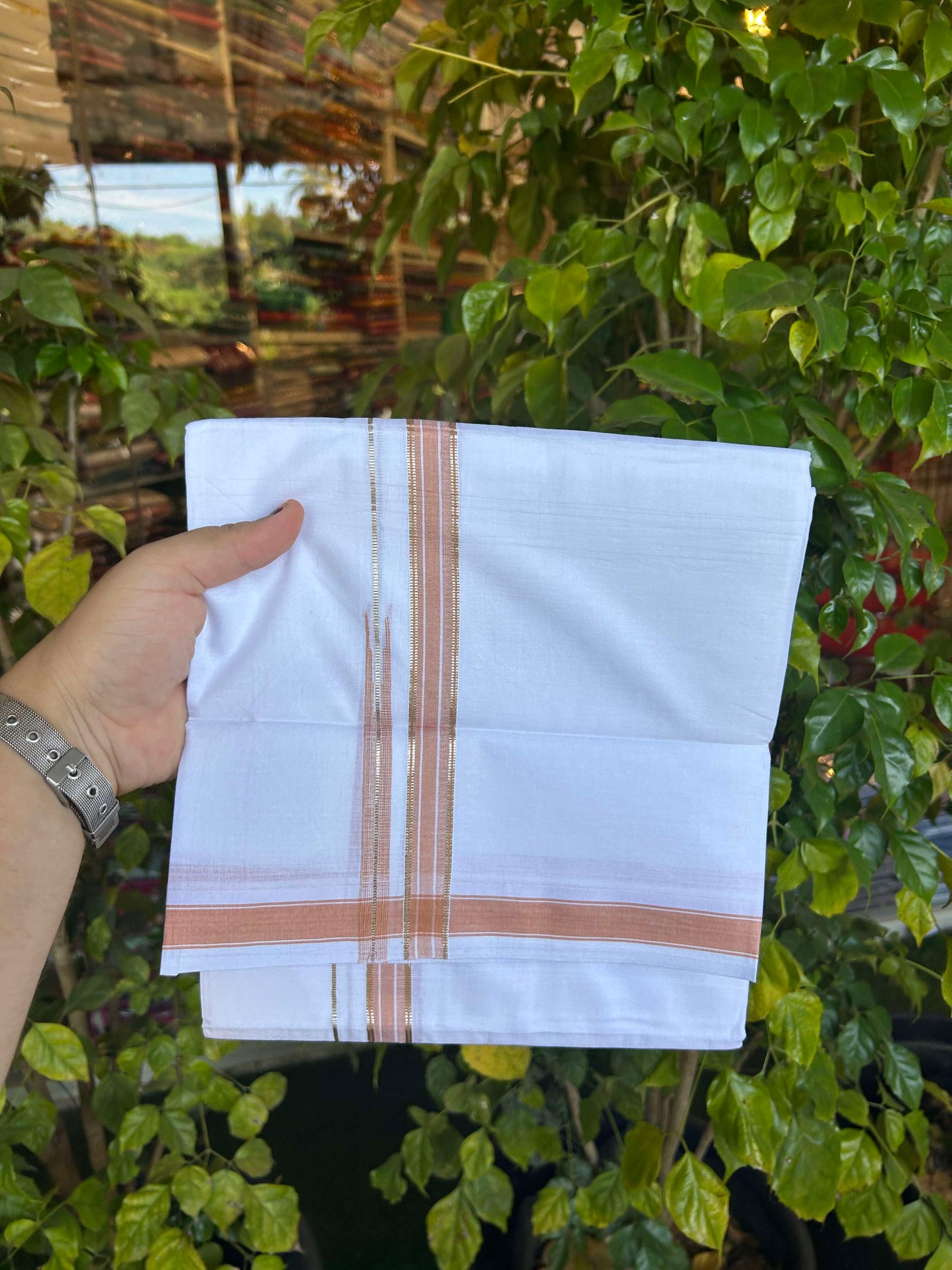 20% Discount!! Kaitharikada Balaramapuram 100% Pure Cotton Pure White Double Mundu/Dothi - 100x80 - 1.5 cm Brownish Orange & Silver Kasav Puliyilakkara One Side Chutty Kara 3.90 m (8 muzham) - 24 KK5310 CKS