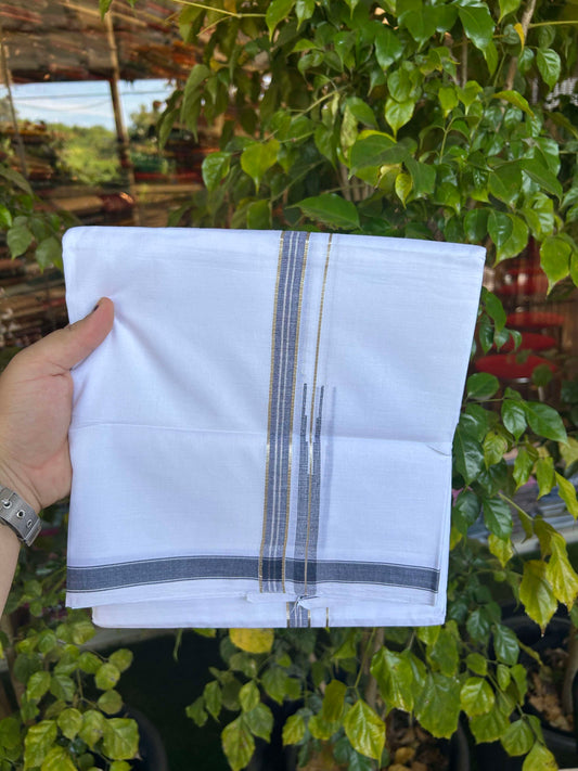 20% Discount!! Kaitharikada Balaramapuram 100% Pure Cotton Pure White Double Mundu/Dothi - 100x80 - 1.5 cm Blue & Silver Kasav Puliyilakkara One Side Chutty Kara 3.90 m (8 muzham) - 28 KK5310 CKS