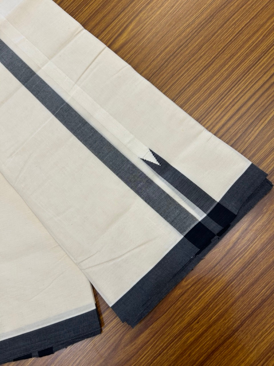 20% Discount! KaithariKada Balaramapuram 100% Cotton Double Off white (Unbleached) Mundu/Dhoti- 100x100 - 1 inch Puliyilakkara Black Shaded chutty Kara 4 Mtr - 11 KK5268 ASH